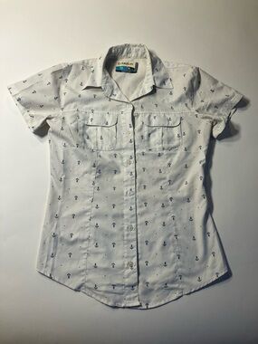 Magellan Outdoors White Short Sleeve Button-Down with Navy Anchor Print